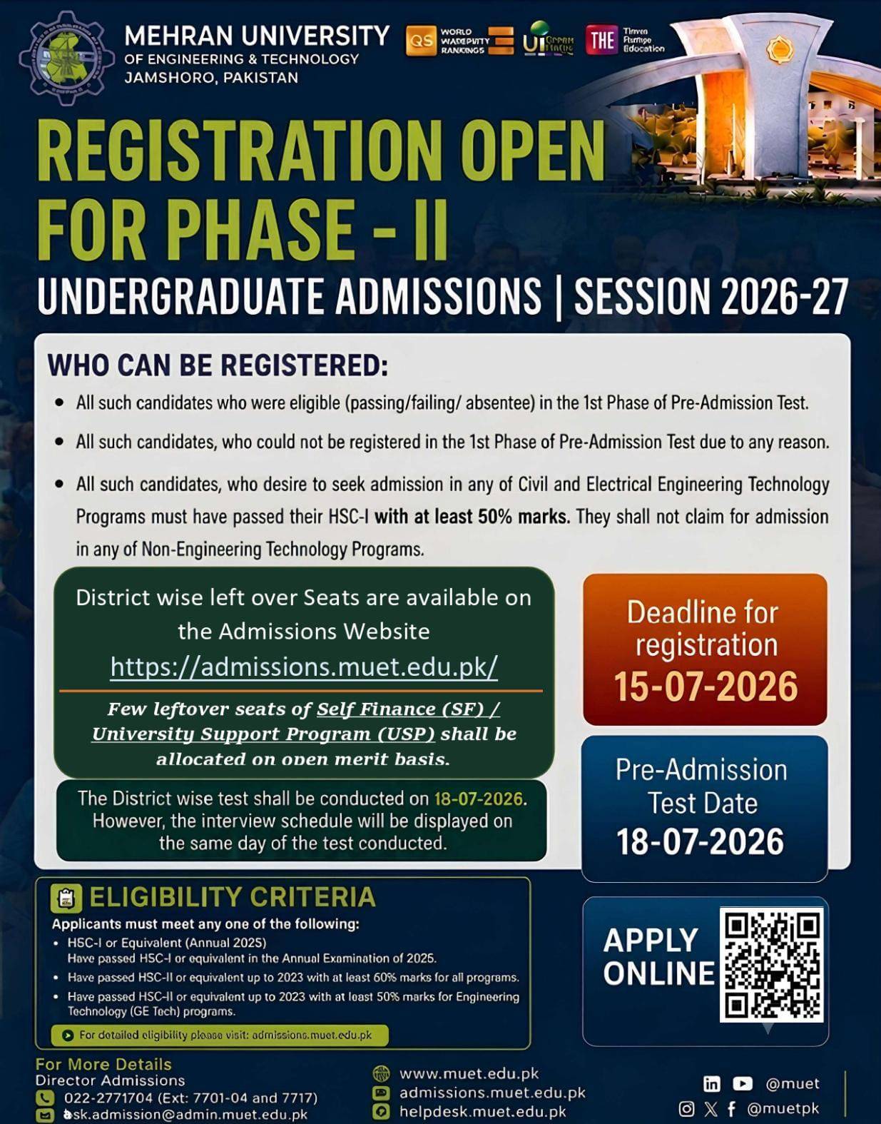 2nd Phase Pre-Admission Test MUET Jamshoro 2026 — shared on Engrz by afaq33