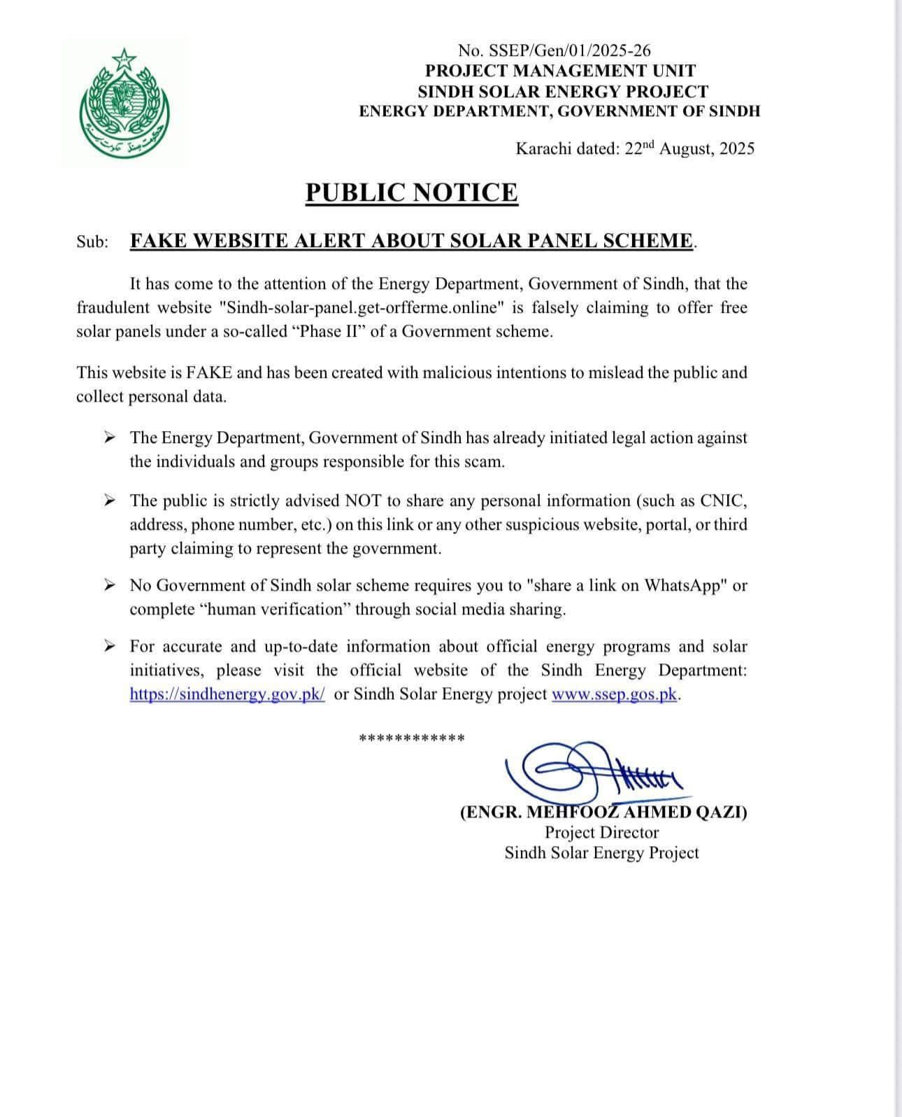 Fake Website Alert Notification regarding Solar Panel Scheme