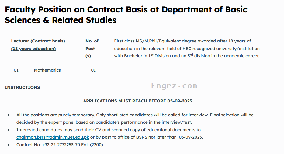 Faculty Position on Contract Basis at Department of BSRS MUET