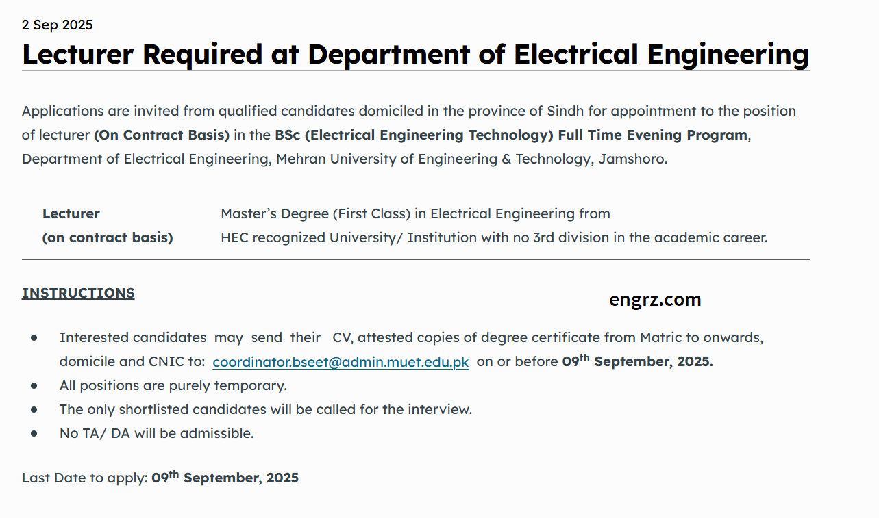 Lecturer Required at Department of Electrical Engineering MUET Jamshoro