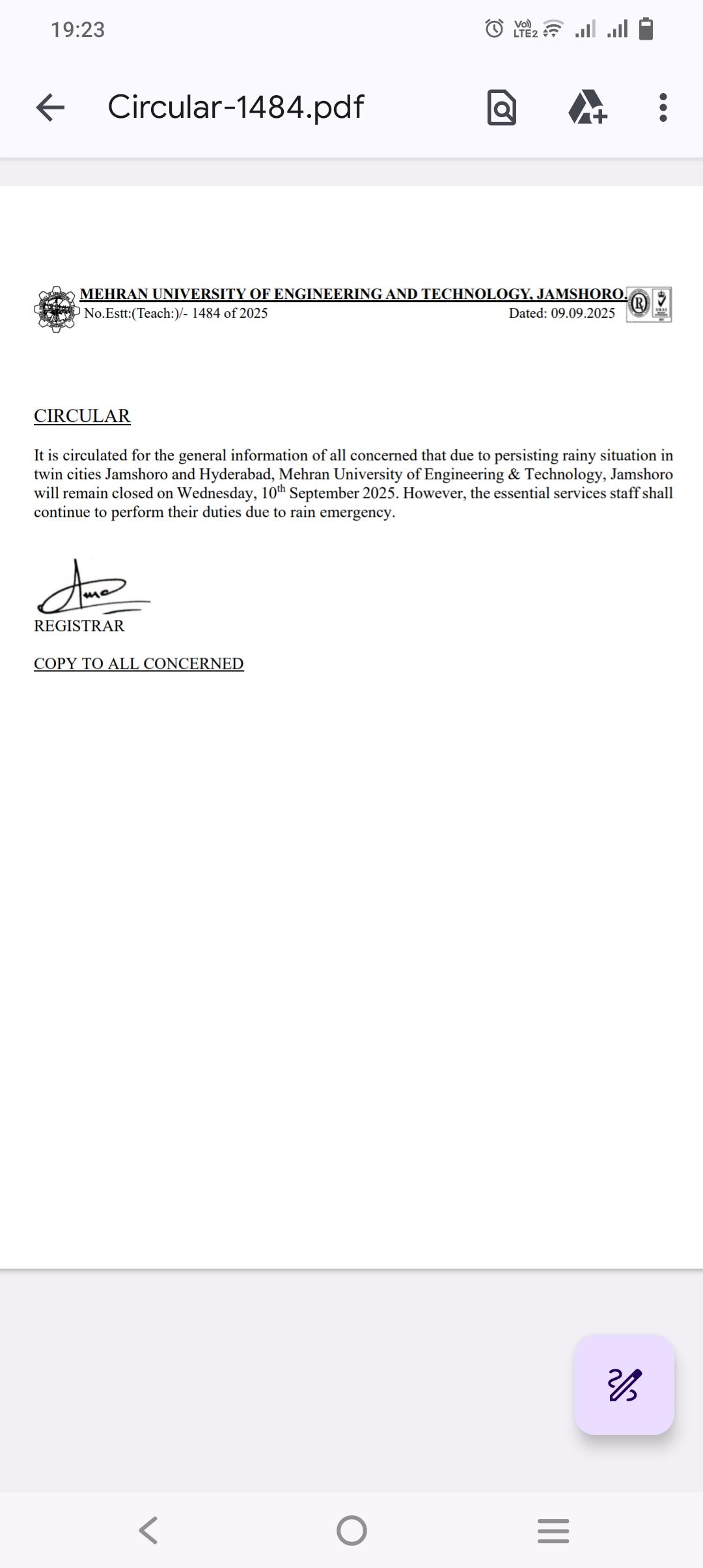 MUET Holiday Circular 10th September 2025