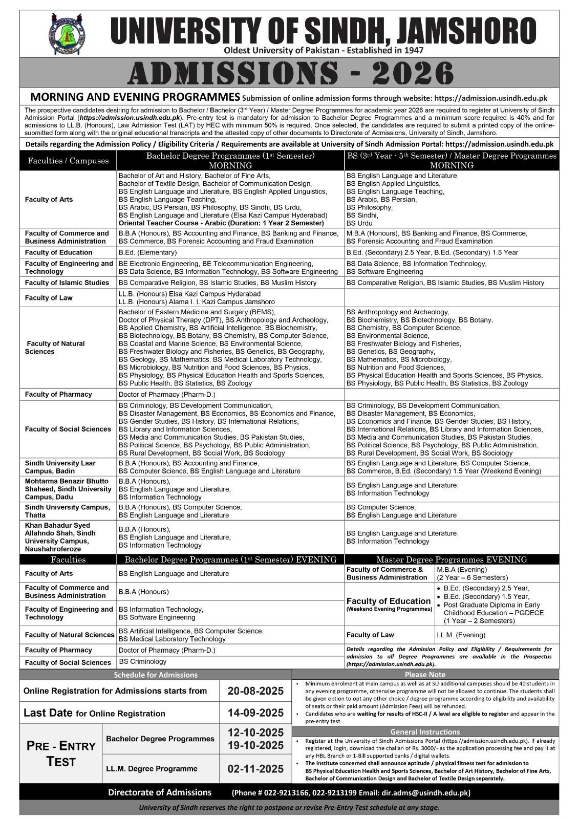 Sindh University Admissions Schedule 2025-26