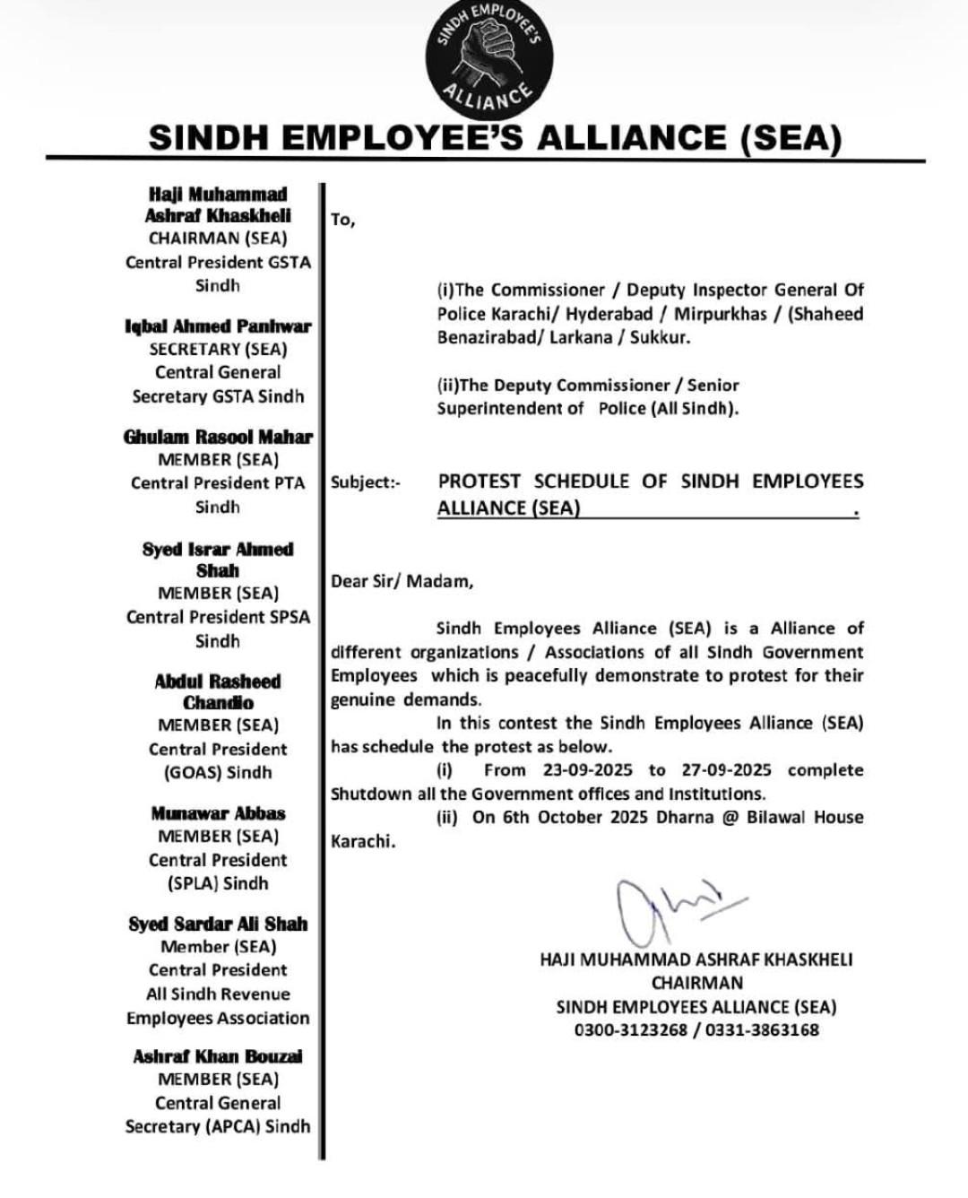 Sindh Employees Alliance (SEA) strike Notification 2025 w e f 23-09-2025