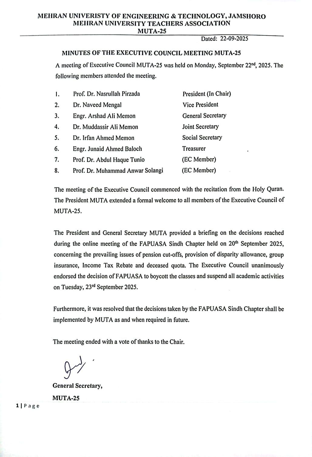 Classes Suspended on 23rd of September 2025 MUET Jamshoro