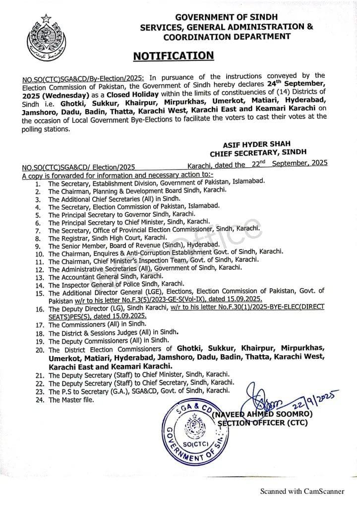 Sindh Government Holiday Notification 24th September 2025