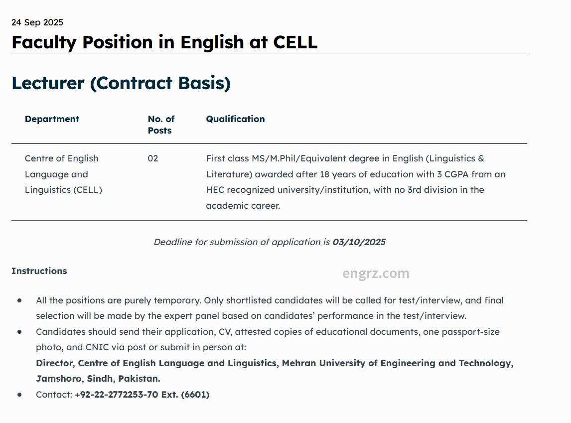 Lecturer Position in English at Cell MUET Jamshoro