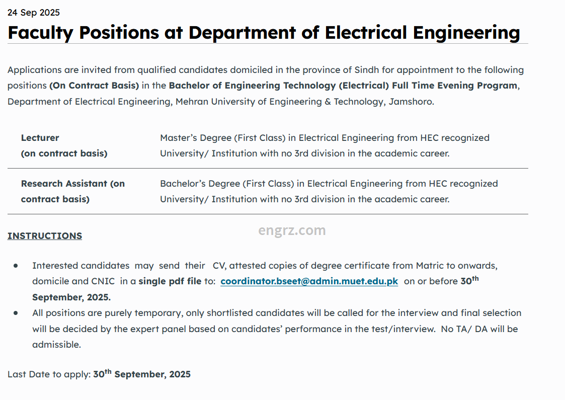 Faculty Position at Department of Electrical Engineering MUET Jamshoro (24th Sept 25)