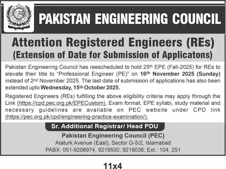 PEC Date Extended for Registered Engineers to 15th of October 2025