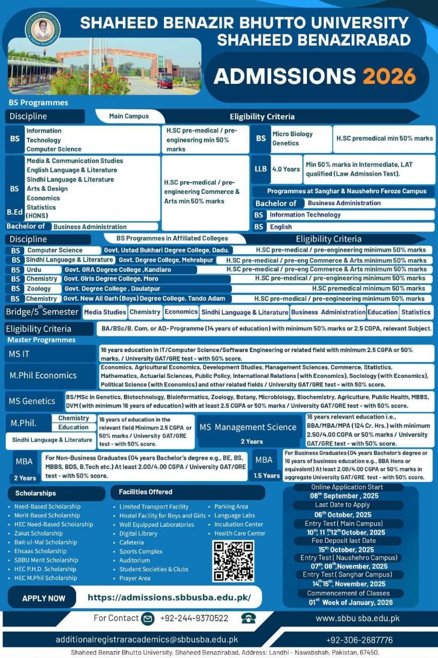Shaheed Benazir Bhutto University Admissions Schedule 2026