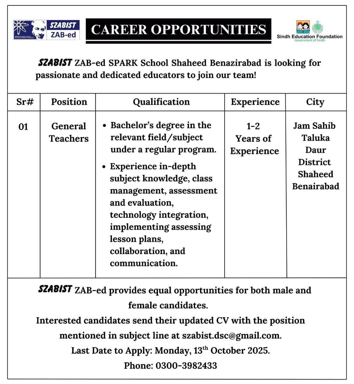 General Teachers Jobs at SZAB 2025