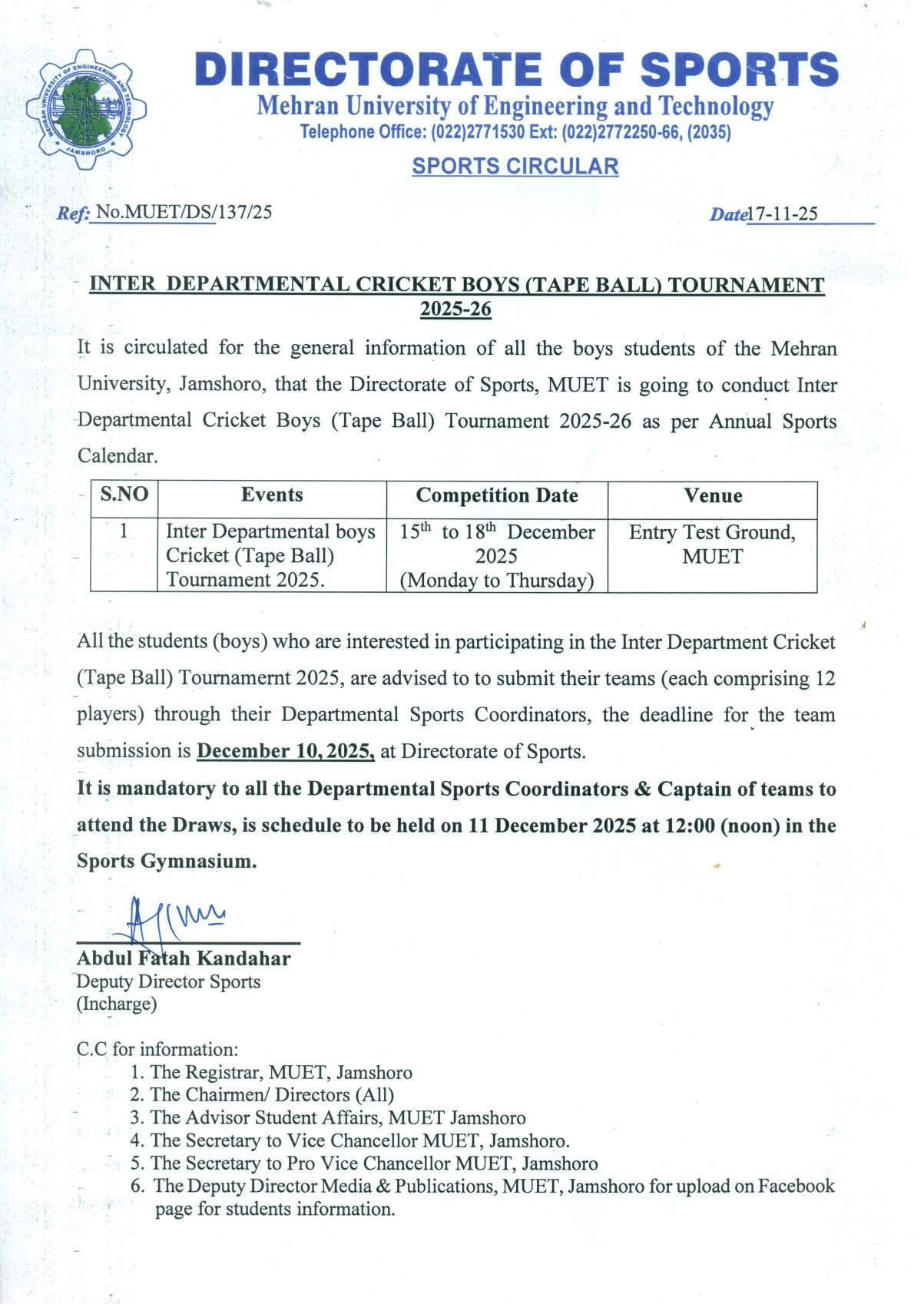 Inter Departmental Cricket Tournament MUET Jamshoro 2026