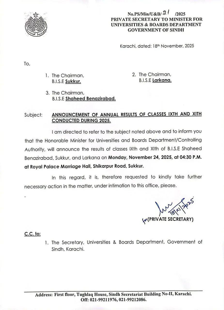 Announcement of Annual Results 9th and 11th Class Sukkur Board