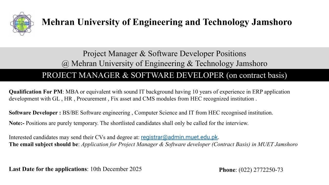 Project Manager &amp; Software Developer Positions at Mehran UET, Jamshoro