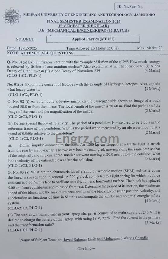 Applied Physics Final Paper 25ME Download Old Paper MUET Jamshoro
