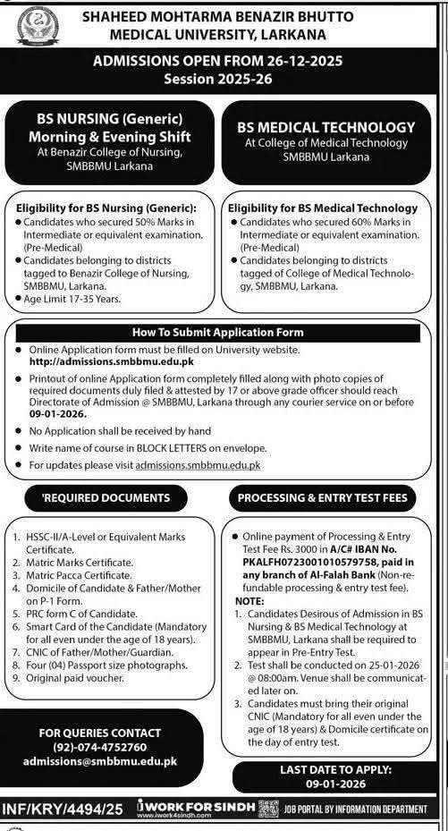 SMBB Medical University Larkana Admission open for 2025-26