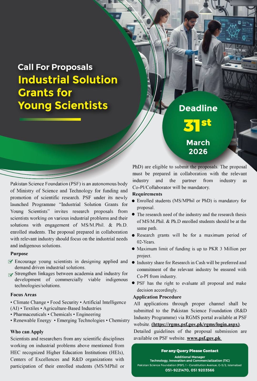 Industrial Solution Grants for Young Scientists PSF 2026 - Deadline 31st March - Educational Content on Engrz