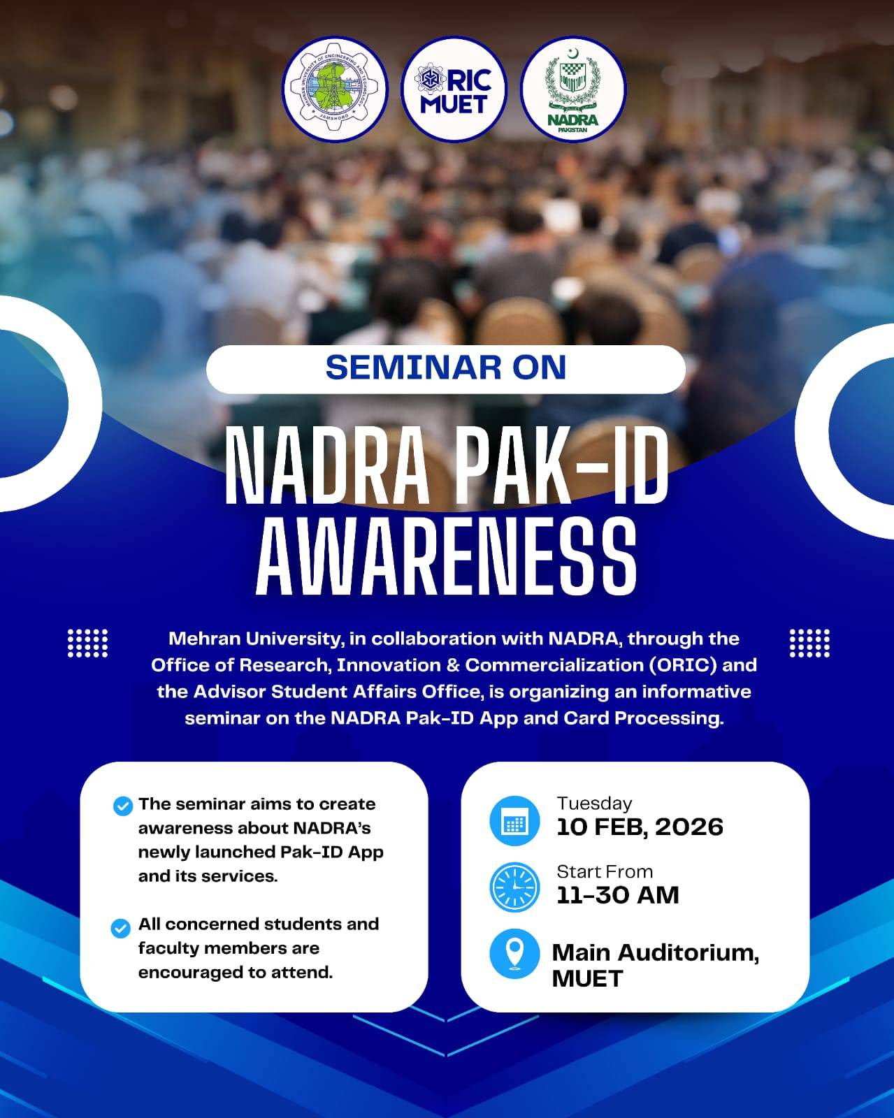 Awareness Seminar on NADRA Pak-ID App & Card Processing at MUET Jamshoro - Educational Content on Engrz