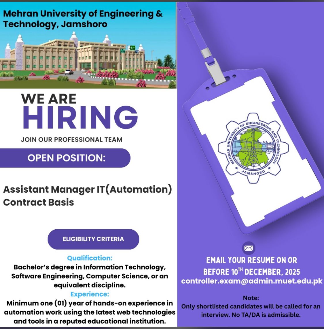 Attachment for Jobs at MUET Jamshoro Assistant Manager IT on Contract Basis (Automation)