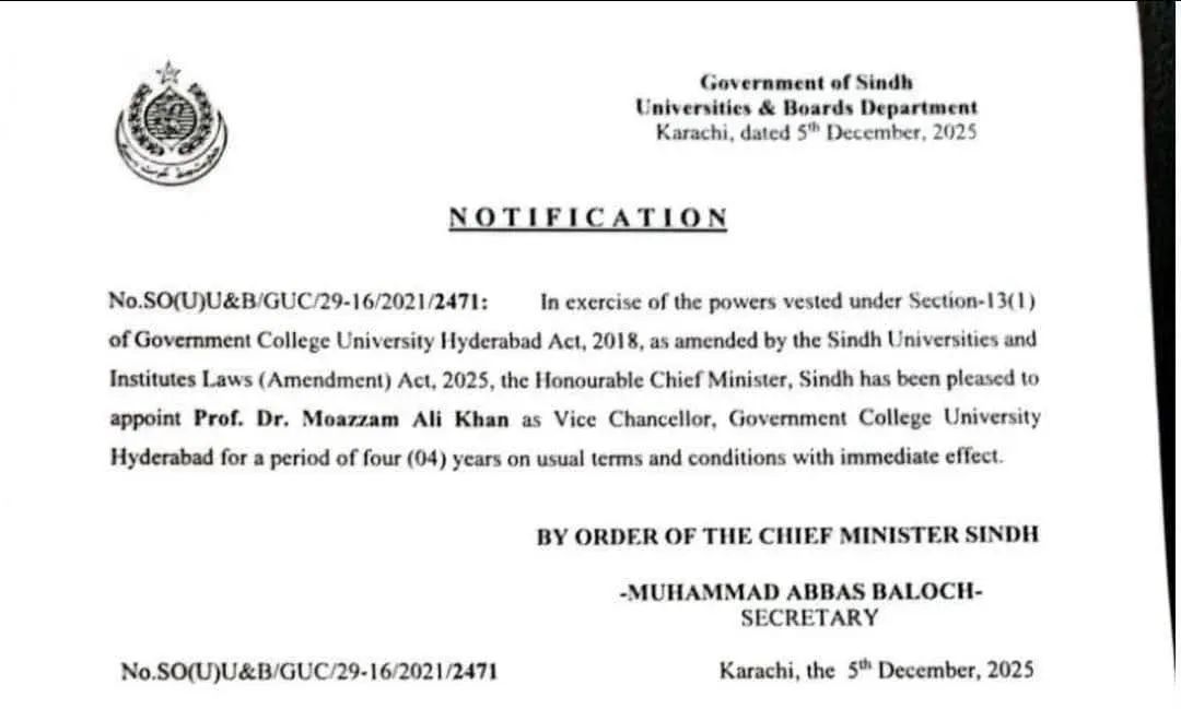 Attachment for Dr Moazzam Ali Appointed as VC GC University Hyderabad (Notification)