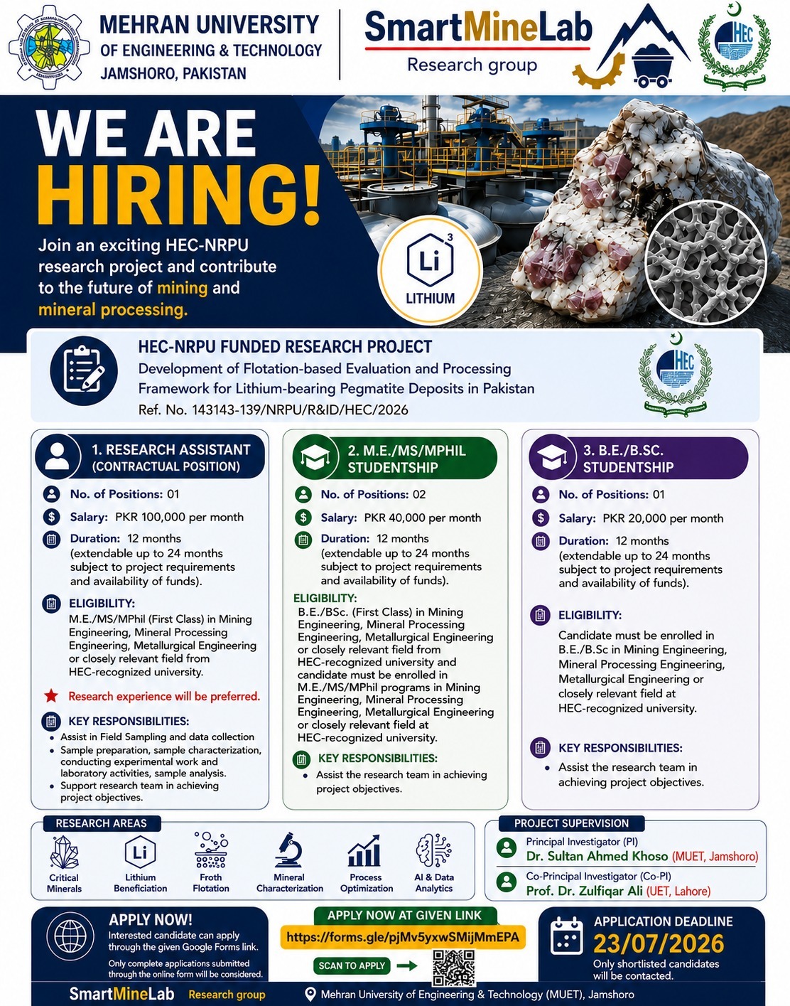Attachment for Research Assistants Required under HEC-NRPU Project in the Department of Mining Engineering MUET Jamshoro