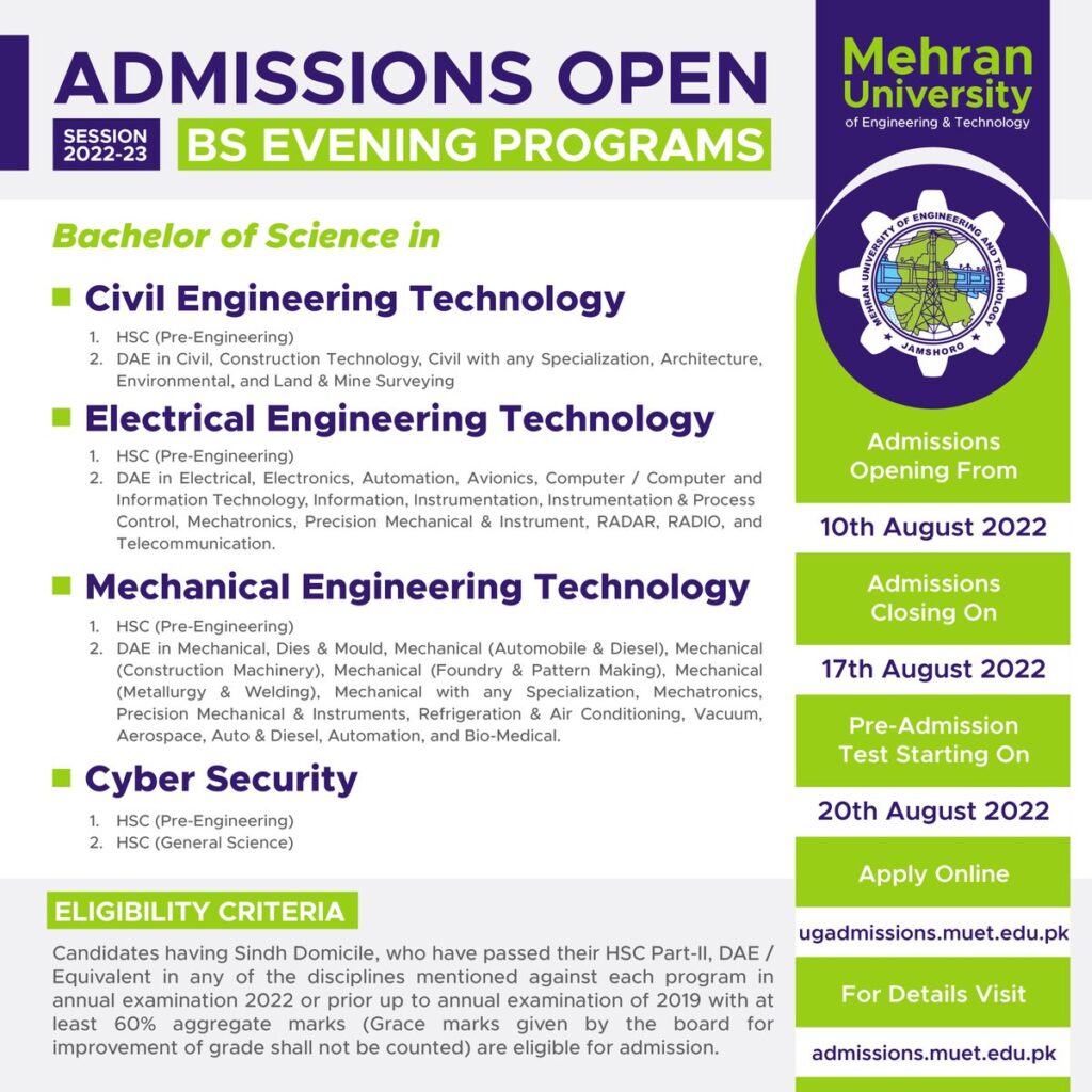 Admissions Open for New BS Evening Programs at MUET 2022-23